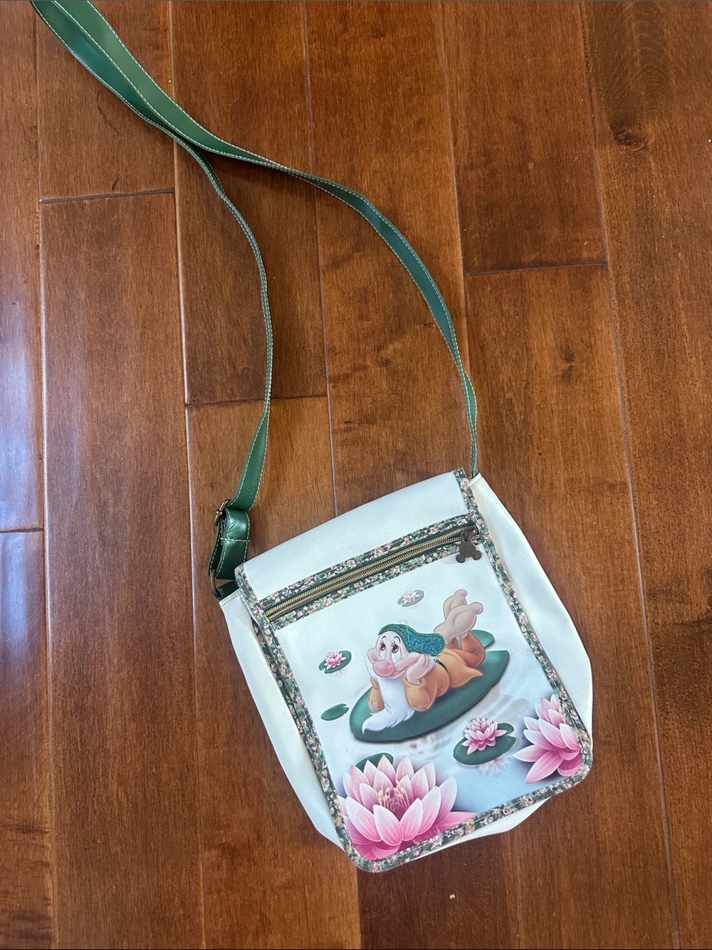 White Crossbody Bag with Green Strap and Floral Character Print